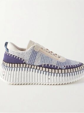 Chloe Chunky Platform Knit Sneaker in Cream and blue